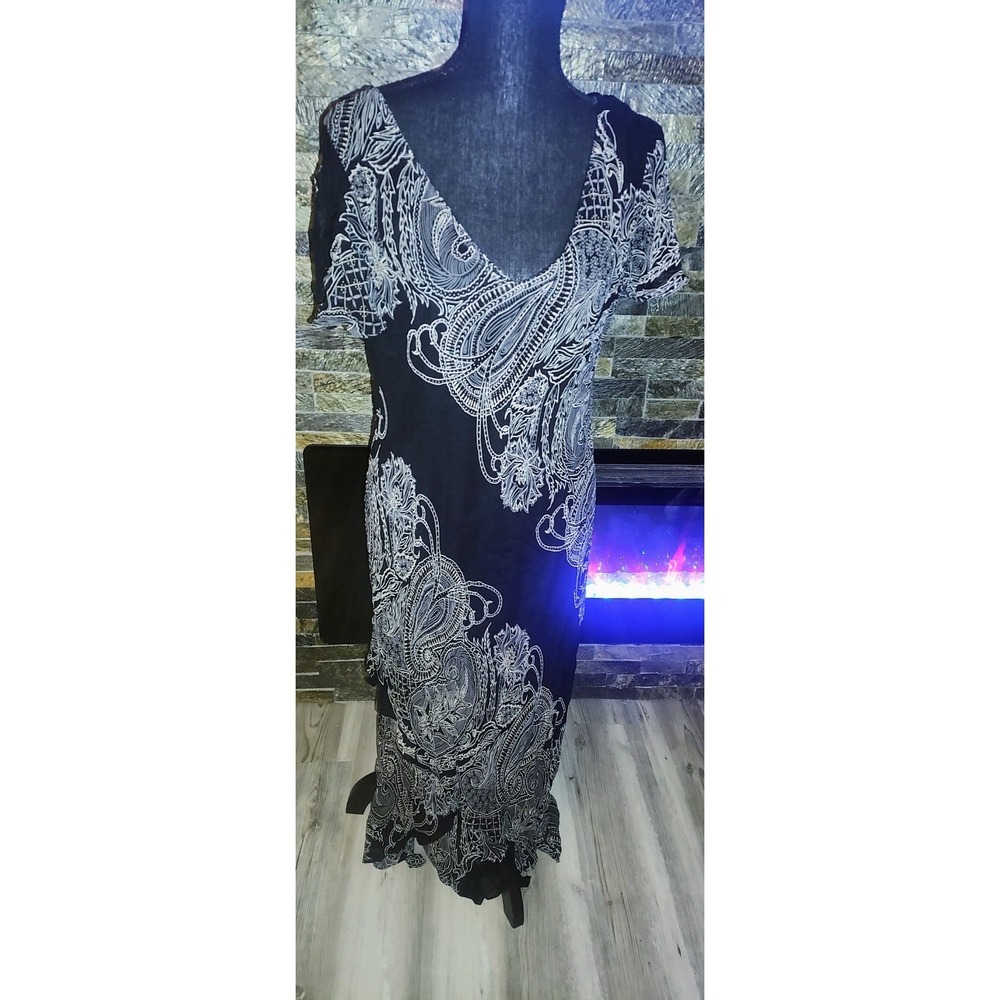 Eva Blue Black And Cream Beaded Dress Size 16